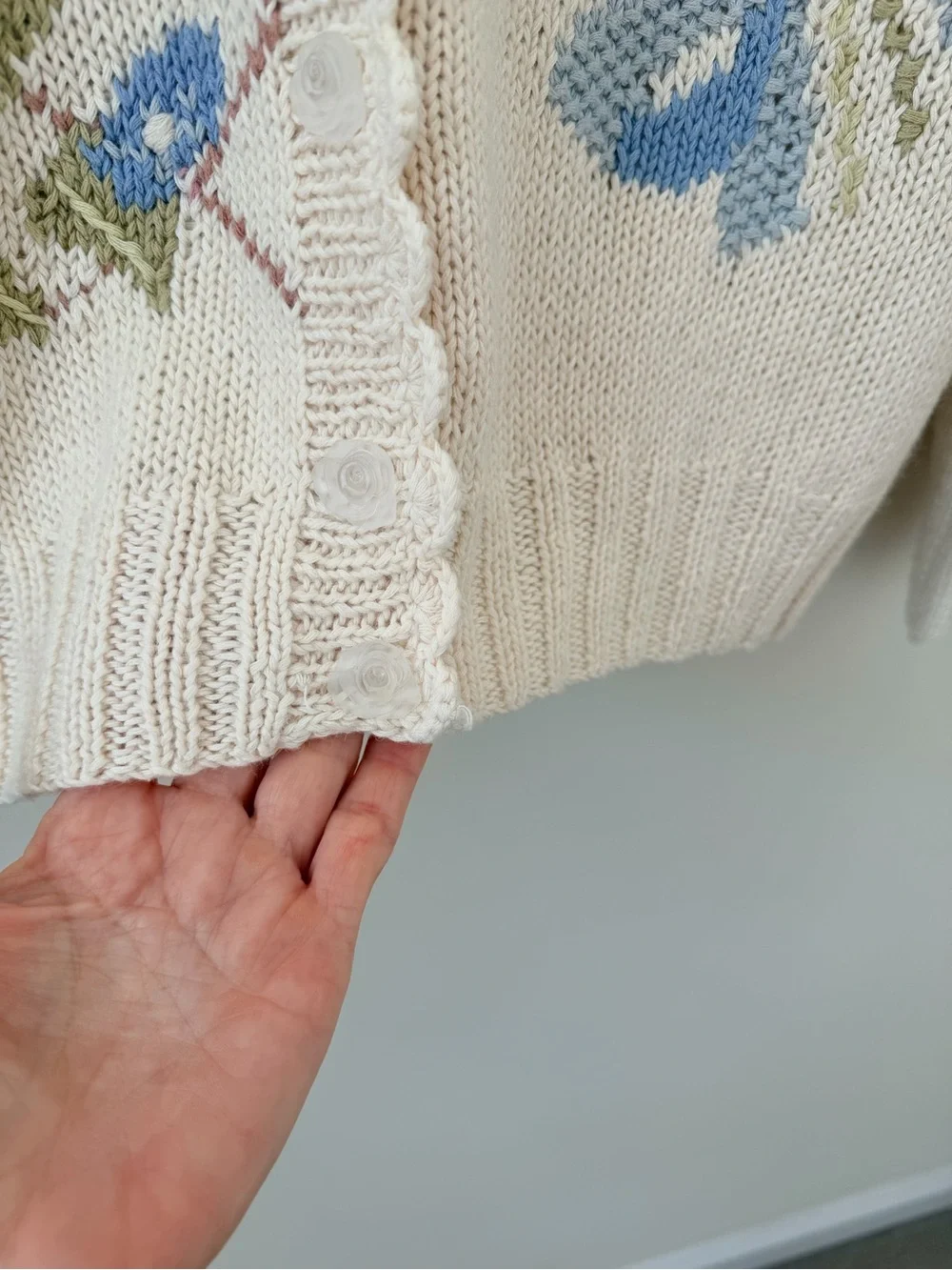 Vintage Hand Knit Floral Cottagecore Cardigan Cream Embroidered Sweater